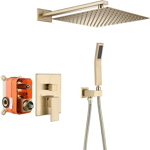 Duschsystem Coealed, Wandleuchte Aus Gebürstetem Goldmessing Mit Zwei Funktionen Duscharmatur Für Das Badezimmer, Mit 8-12 Quadratischen Regenduschenarmaturensystem-, Brushed Gold, 12 inch von Generic