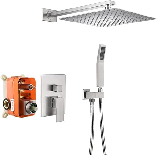 Duschsystem Coealed, Wandleuchte Aus Gebürstetem Goldmessing Mit Zwei Funktionen Duscharmatur Für Das Badezimmer, Mit 8-12 Quadratischen Regenduschenarmaturensystem-, Brushed Nickel, 12 inch von Generic