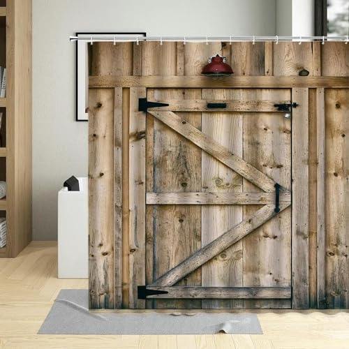 Duschvorhang 100x180 Anti-Schimmel Ländliche Holzpaneele Duschvorhänge Wasserdicht Waschbar Polyester Textil Badezimmer Vorhang Scheunentor 3D Shower Curtain A/4120 von Generic