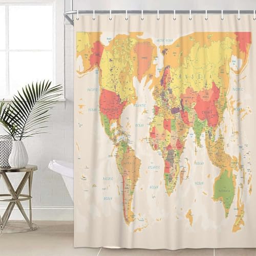 Duschvorhang 100x180 Anti-Schimmel Weltkartenmuster Duschvorhänge Wasserdicht Waschbar Polyester Textil Badezimmer Vorhang Jungen und Mädchen Gelb 3D Shower Curtain A/1305 von Generic
