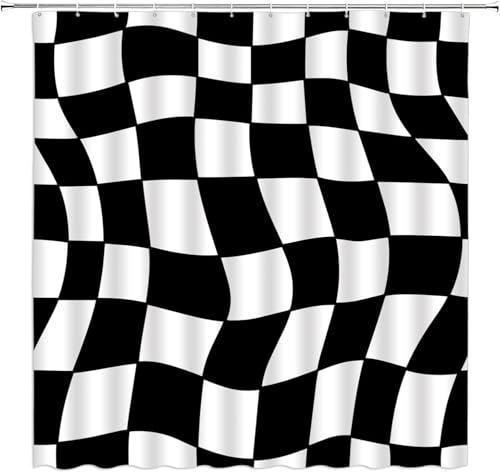 Duschvorhang 100x200 Anti-Schimmel Moderne Wellen Duschvorhänge Wasserdicht Waschbar Polyester Textil Badezimmer Vorhang Schwarzes Schachbrett 3D Shower Curtain A.695 von Generic