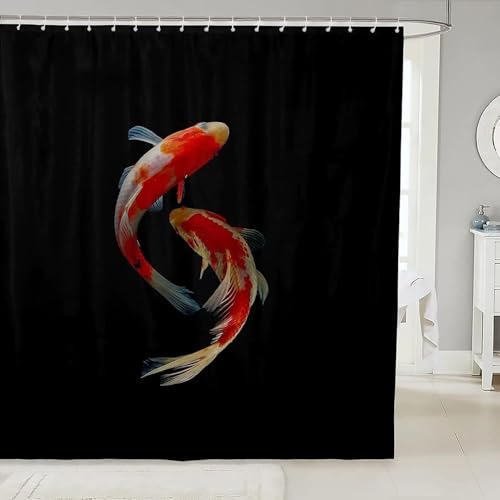 Duschvorhang 100x200 Antischimmel Japanischer Stil Duschvorhang Karpfen Schwarz, Duschvorhänge Wasserdicht Polyester Stoff Waschbar Bad Vorhäng für Badzimmer badewanne mit 8 Haken a.1793 von Generic