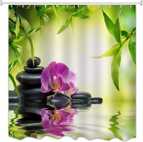 Duschvorhang 120x180 cm Bambus Duschvorhang Orchideenmuster Bad Vorhang Anti Schimmel Wasserdicht 3D Shower Curtains Waschbar Polyester Stoff Duschvorhänge für Badewanne Badezimmer C-731 von Generic
