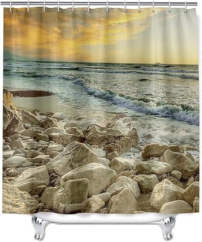 Duschvorhang 120x180 cm Strand Shower Curtains 3D Sonnenuntergangslandschaft Duschvorhänge Anti Schimmel Textil Bad Vorhang aus Waschbar Polyester Stoff für Badewanne A-9398 von Generic