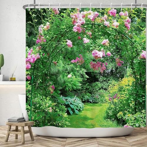 Duschvorhang 180x180 Anti-Schimmel Garten Duschvorhänge Wasserdicht Waschbar Polyester Textil Badevorhang Natürliche Blumen 3D Shower Curtain A/7715 von Generic