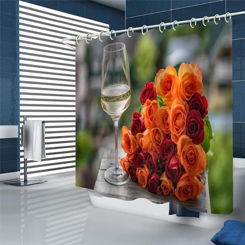 Duschvorhang 180x200 Anti-Schimmel Blumenstrauß Duschvorhänge Wasserdicht Waschbar Polyester Textil Badevorhang Weingläser 3D Shower Curtain A/6294 von Generic