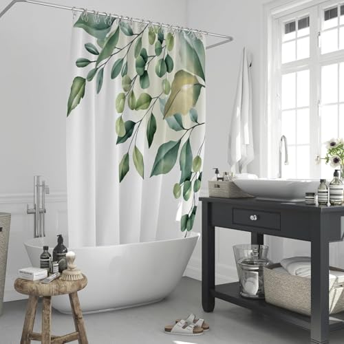 Duschvorhang 180x200 Anti-Schimmel Eukalyptusblätter Duschvorhänge Wasserdicht Waschbar Polyester Textil Badevorhang Greenery White 3D Shower Curtain A/917 von Generic