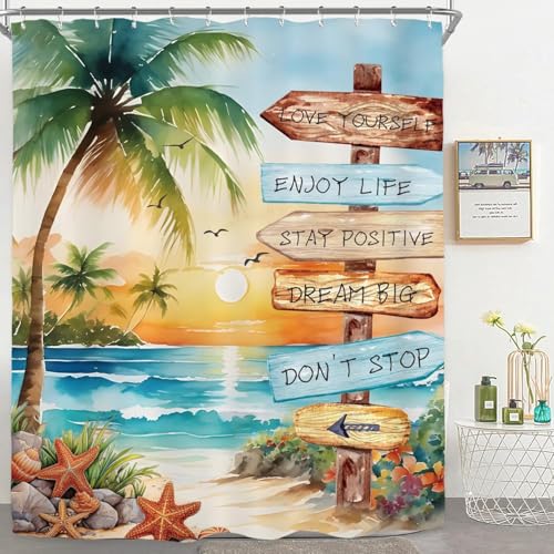 Duschvorhang 180x200 Antischimmel Atami-Palmen Duschvorhang Strandlandschaft, Duschvorhänge Wasserdicht Polyester Stoff Waschbar Bad Vorhäng für Badzimmer badewanne mit 12 Haken a.1097 von Generic