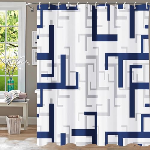 Duschvorhang 180x200 Antischimmel Blaue Linien Duschvorhang Weißes Geometrisches Abstrakt, Duschvorhänge Wasserdicht Polyester Stoff Waschbar Bad Vorhäng für Badzimmer badewanne mit 12 Haken b.2714 von Generic
