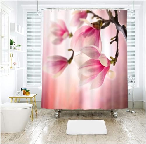 Duschvorhang 200x200 Anti-Schimmel Blumen Duschvorhänge Wasserdicht Waschbar Polyester Textil Badevorhang Rosa 3D Shower Curtain A/1206 von Generic