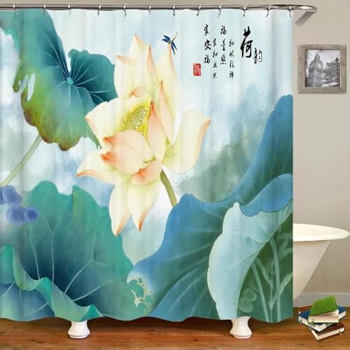 Duschvorhang 200x200 Anti-Schimmel Chinesischer Stil Duschvorhänge Wasserdicht Waschbar Polyester Textil Badevorhang Lotus und Lotusblätter 3D Shower Curtain A/5233 von Generic