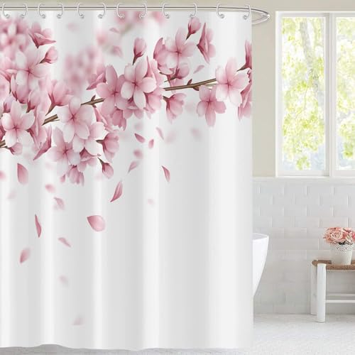 Duschvorhang 200x200 Anti-Schimmel Kirschblütenrosa Duschvorhänge Wasserdicht Waschbar Polyester Textil Badevorhang Weiß 3D Shower Curtain A/1022 von Generic