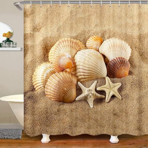 Duschvorhang 200x200 Anti-Schimmel Muscheln Duschvorhänge Wasserdicht Waschbar Polyester Textil Badevorhang Strand 3D Shower Curtain A.376 von Generic