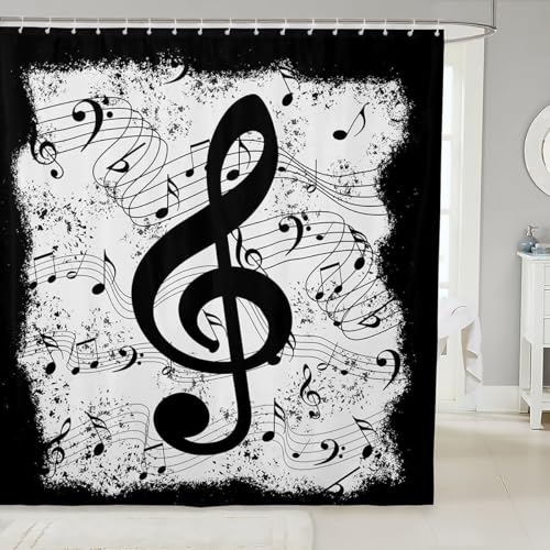 Duschvorhang 200x200 Anti-Schimmel Musiknoten Duschvorhänge Wasserdicht Waschbar Polyester Textil Badevorhang Schwarz-Weiß 3D Shower Curtain A/3739 von Generic