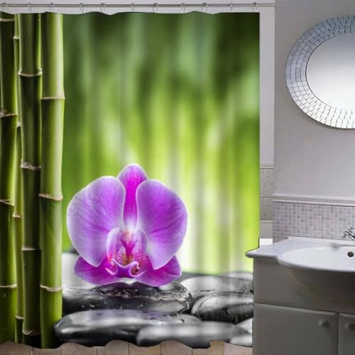 Duschvorhang 200x200 Anti-Schimmel Orchideen Duschvorhänge Wasserdicht Waschbar Polyester Textil Badevorhang Kieselsteine 3D Shower Curtain A/1326 von Generic