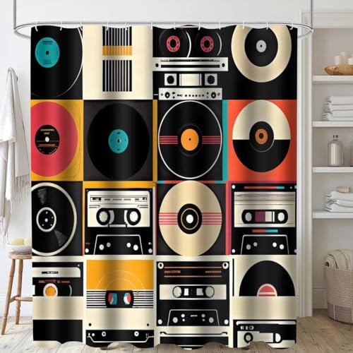 Duschvorhang 200x200 cm Vintage-Schallplatten Shower Curtains 3D Musik Duschvorhänge Anti Schimmel Textil Bad Vorhang aus Waschbar Polyester Stoff für Badewanne A7287 von Generic