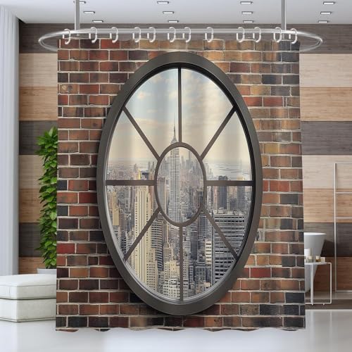 Duschvorhang 240x200 Anti-Schimmel Retro-Ziegelwand Duschvorhänge Wasserdicht Waschbar Polyester Textil Badevorhang Fensteransicht 3D Shower Curtain A/4064 von Generic