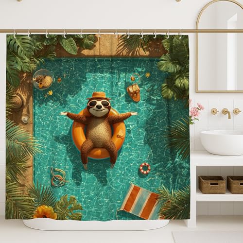 Duschvorhang mit niedlichem Faultier, tropisches Wasser-Pool-Dekor, Sommer-Strand-Thema, wasserdichter Stoff-Duschvorhang mit Haken, 183 x 213 cm von Generic