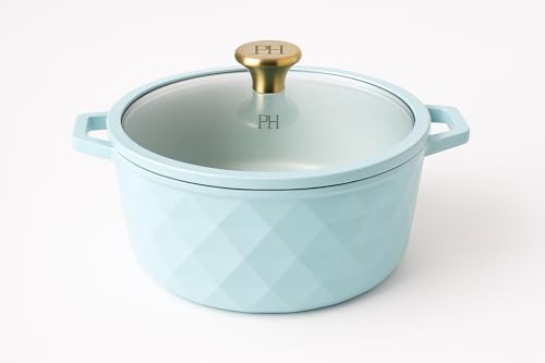 Dutch Oven mit Deckel, 10 Qt emailliertes Gusseisen, Babyblau mit goldenen Details, Rautenmuster außen Dutch Oven mit Deckel, 10 Qt emailliertes Gusseisen, Babyblau mit goldenen Details, Rautenmuster außen von Generic