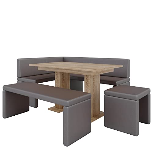 Eckbank Akiko mit Tisch und Bänken - Eckbankgruppe für Ihrem Esszimmer, Küche modern, Sitzecke, Essecke. Perfekt für Küche, Büro und Rezeption. Solide Verarbeitung (Soft 30, 168x128 Links) von Furnistar