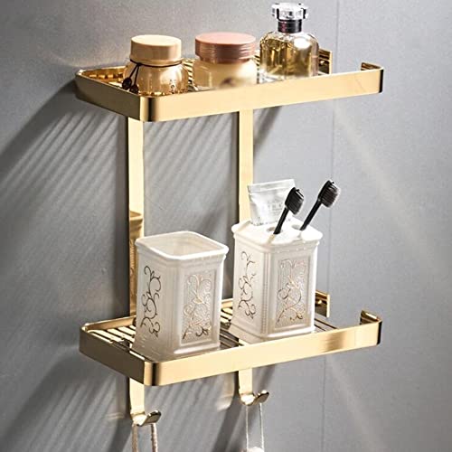 Eckregal aus massivem Messing für das Badezimmer mit Seifenschale, Shampoo und rostbeständigem Abtropfkorb mit Haken zum Würzen von Flaschen. von Generic
