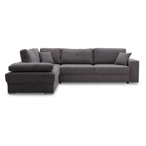 Ecksofa FESTINA 290/230 mit schlaffunktion und Bettkasten - L-förmig - Stoff Cordstoff - Eckcouch mit dekorativen Kissen (Links, POSO 022 Dunkelgrau) von Generic