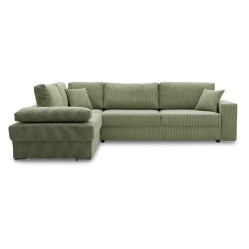 Ecksofa FESTINA 290/230 mit schlaffunktion und Bettkasten - L-förmig - Stoff Cordstoff - Eckcouch mit dekorativen Kissen (Links, POSO 047 Olivgrün) von Generic