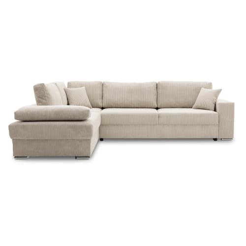 Ecksofa FESTINA 290/230 mit schlaffunktion und Bettkasten - L-förmig - Stoff Cordstoff - Eckcouch mit dekorativen Kissen (Links, POSO 100 Beige) von Generic