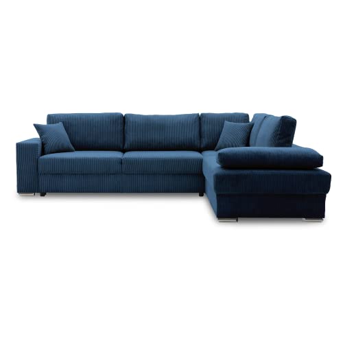 Ecksofa FESTINA 290/230 mit schlaffunktion und Bettkasten - L-förmig - Stoff Cordstoff - Eckcouch mit dekorativen Kissen (RECHTS, POSO 005 Dunkelblau) von Generic