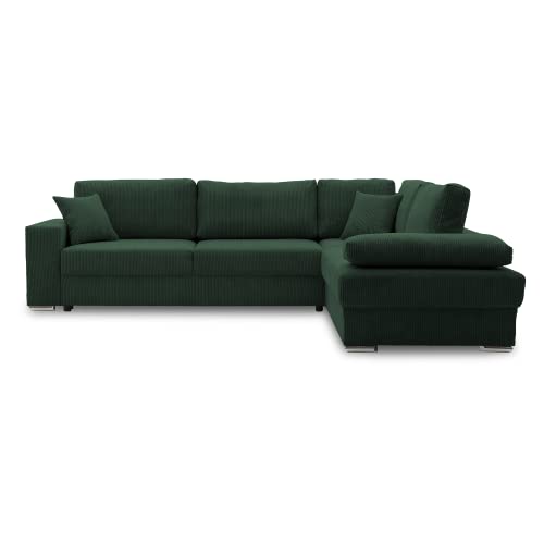 Ecksofa FESTINA 290/230 mit schlaffunktion und Bettkasten - L-förmig - Stoff Cordstoff - Eckcouch mit dekorativen Kissen (RECHTS, POSO 014 Flaschengrün) von Generic