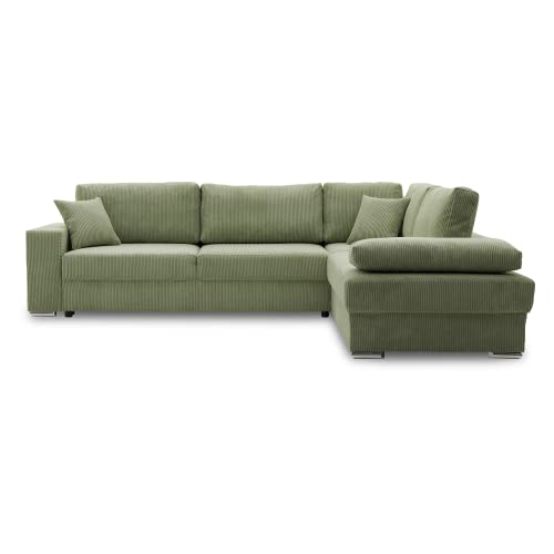 Ecksofa FESTINA 290/230 mit schlaffunktion und Bettkasten - L-förmig - Stoff Cordstoff - Eckcouch mit dekorativen Kissen (RECHTS, POSO 047 Olivgrün) von Generic