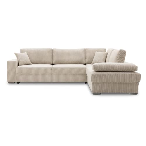 Ecksofa FESTINA 290/230 mit schlaffunktion und Bettkasten - L-förmig - Stoff Cordstoff - Eckcouch mit dekorativen Kissen (RECHTS, POSO 100 Beige) von Generic