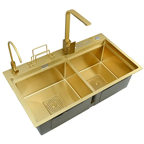 Edelstahl Küchenspüle 304 Doppelfinish Gold Finish Multifunktionales Wohnmobil und Bar kompatibel mit Wasserhahn und Ablauf Berg oder Einbau 82 x 46 x 24 cm von Generic