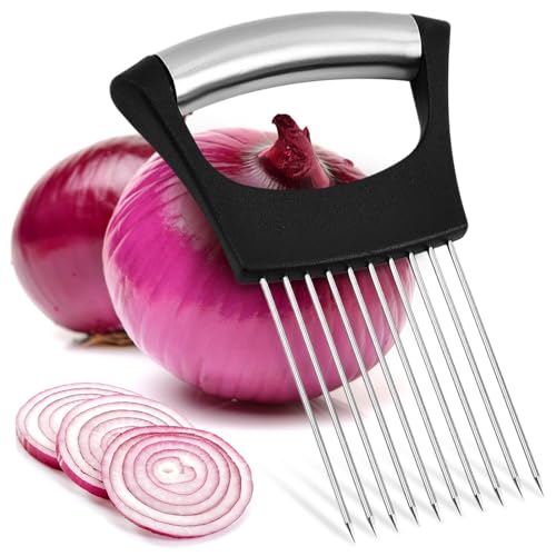 Generic Edelstahl Zwiebelschneider Zitronenschneider Slicer für Zwiebeln Zitrone Kartoffel Tomate Avocado Ei Lebensmittel Slicer Hilfswerkzeug für Obst Gemüse und Fleisch Slicing Metallic Silber QP001 von Generic