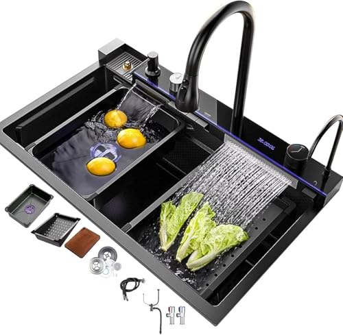 Edelstahlspüle Schwarz Küchenspüle Multi-fution Armatur Mit Wasserfall Große Einzelschüssel Spüle Komplettes Zubehör, Black, 75x46x22cm von Generic