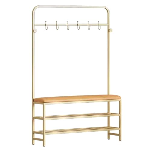 Eingangshalle Baum Lagerung Bank Kleiderbügel Schuhaufbewahrung PU-Leder Sitz Metallrahmen Haken 3 in 1 Nizer (Größe: 100 x 25 x 170 cm Farbe: Orange Gold) von Generic