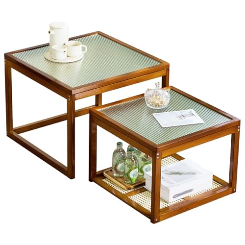 Eingebauter Couchtisch, 2-teiliges Set, Quadratischer Stapeltisch Nanzhu Aus Massivholz, Oberfläche Aus Gehärtetem Glas und Rahmen Aus Bambus, Geeignet for Teestube, Büro, Wohnzimmer(Brown) von Generic