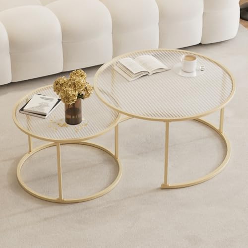 Eingebauter Couchtisch 2er-Set, Couch Tisch, Metallrahmen und Tischplatte Aus Gehärtetem Glas, Robust und Langlebig, Geeignet for Schlafzimmer, Balkon, Wohnzimmer(Gold,Large) von Generic