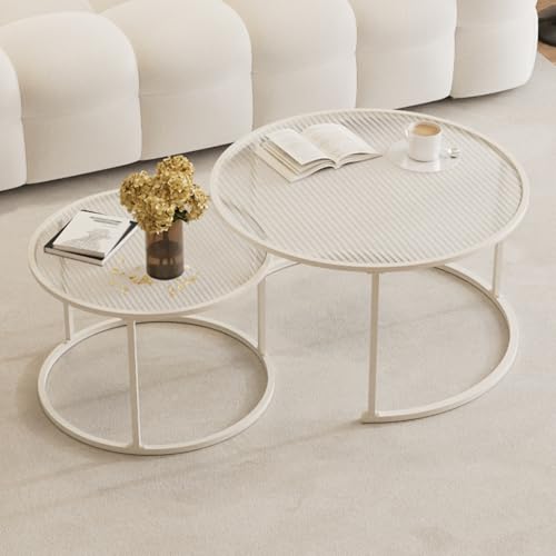 Eingebauter Couchtisch 2er-Set, Couch Tisch, Metallrahmen und Tischplatte Aus Gehärtetem Glas, Robust und Langlebig, Geeignet for Schlafzimmer, Balkon, Wohnzimmer(White,Large) von Generic