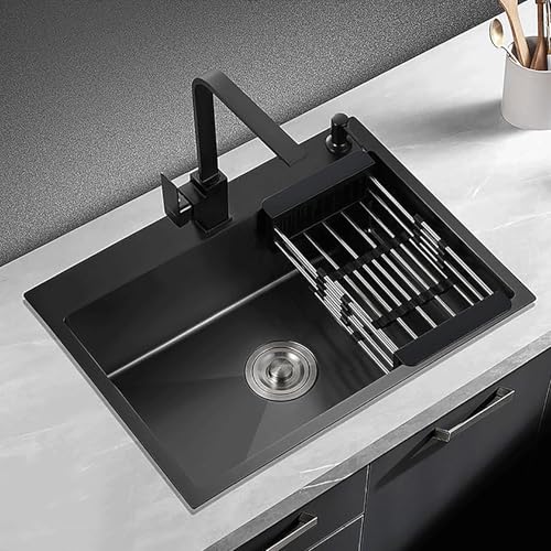Eingebautes Spülbecken aus schwarzem Edelstahl Modernes Küchenspülbecken 1 Becken Spülbecken Rezeptförmiger Wasserhahn/Ablaufkorb for Küche, Bad, Hotel(55 * 45cm/22 * 18in) von Generic