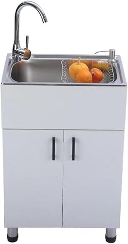 Einschüssel-spüle Mit Edelstahlbecken Und Wasserhahn, Freistehende Küchenspüle Mit Fallrohr Und Edelstahl-abfallkäfig, Hot and Cold Faucet, 55 * 40 * 75cm von Generic