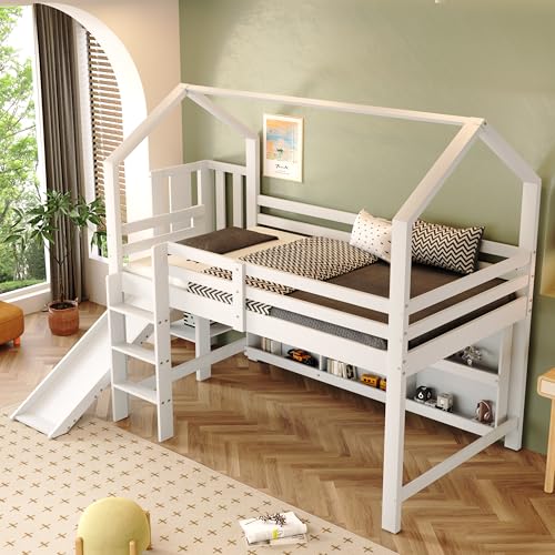 Einzelbett 90x200 cm aus Massivholz mit Rutsche, Treppe, Staufach und Regal, multifunktionales Funktionsbett aus Kiefer und MDF, platzsparendes Design, ohne Matratze, für Schlafzimmer, Weiß von Generic