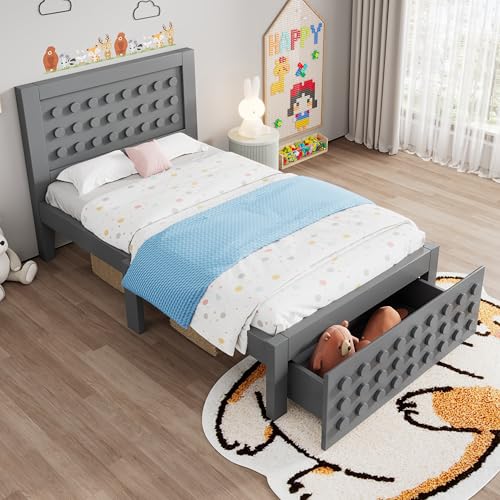 Einzelbett mit Schubladen Unterm Bett Stauraum Jugendbett Massivholz Bettgestell mit Lattenrost Familienbett für Erwachsene Jugendliche Gästebett ohne Matratze Grau 90x200 cm von Generic
