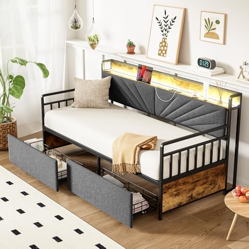 Eisen Schlafsofa 90x200 cm mit LED-Beleuchtung und Ablagen Einzelbett mit 2 Schubladen Stauraum und Steckdosen Daybett für Erwachsene Jugendliche Gästebett Ohne Matratze Schwarz von Generic
