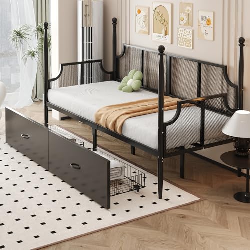 Eisen Schlafsofa 90x200 cm mit Netzrückenlehne Vintage Armlehnen Tagesbett mit Schubladen Daybett Metallrahmen Einzelbett für Erwachsene Jugendliche Gästebett Ohne Matratze Schwarz von Generic