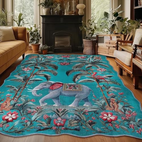 Elefant Bereich Teppiche, Läufer Teppich Tier Vintage Unregelmäßig Geformt Teppich, Große Teppich rutschfest Waschbar Matte(Blau,60x90cm) von Generic