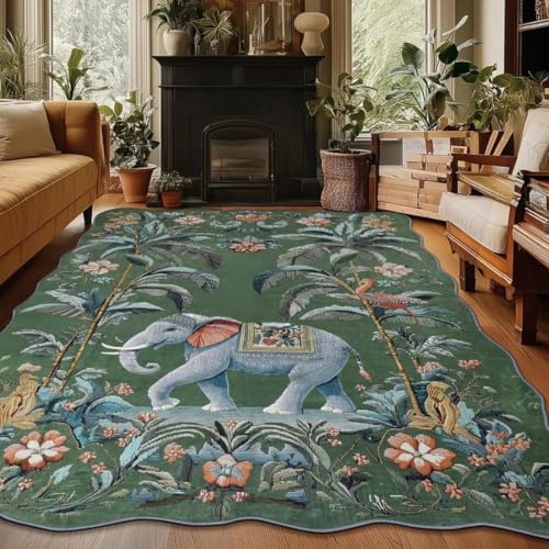Elefant Bereich Teppiche, Läufer Teppich Tier Vintage Unregelmäßig Geformt Teppich, Große Teppich rutschfest Waschbar Matte(Grün,100x200cm) von Generic