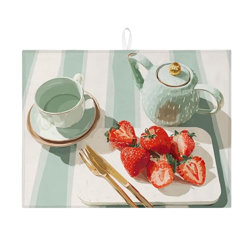 Elegante Abtropfmatten für Küchentheke, Vintage-grünes Teekannen-Design, saugfähiges Abtropfgestell, Frühlings-inspirierte Mikrofaser-Abtropfmatte für Küchenthekenschutz, 45,7 x 61 cm von Generic
