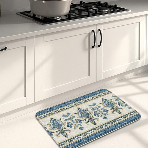 Elegante Küchenmatten für Böden, blaues Blumendesign, Vintage, weiche Matten, gepolstert, waschbar, rutschfeste Teppiche für Küchenspülen und Waschküche, 40,6 x 61 cm Elegante Küchenmatten für Böden, blaues Blumendesign, Vintage, weiche Matten, gepolstert, waschbar, rutschfeste Teppiche für Küchenspülen und Waschküche, 40,6 x 61 cm von Generic