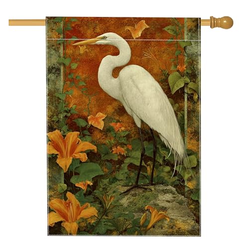 Elegante weiße Kranich-Gartenflagge, Herbstblumen-Dekorationen mit orangefarbenen Lilien, von der Natur inspirierte Heimdekoration für den Herbst, doppelseitiges Hofbanner für den Außenbereich Elegante weiße Kranich-Gartenflagge, Herbstblumen-Dekorationen mit orangefarbenen Lilien, von der Natur inspirierte Heimdekoration für den Herbst, doppelseitiges Hofbanner für den Außenbereich von Generic